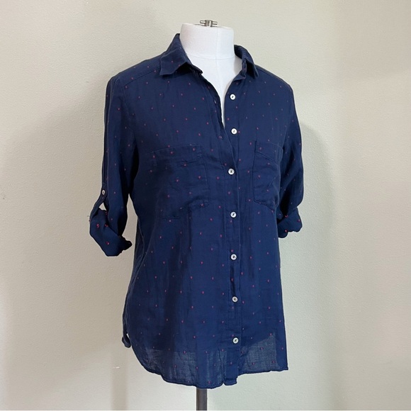 Zara Denim Z1975 Size Small Navy Red Polka Dot Button Down Shirt - Picture 1 of 6